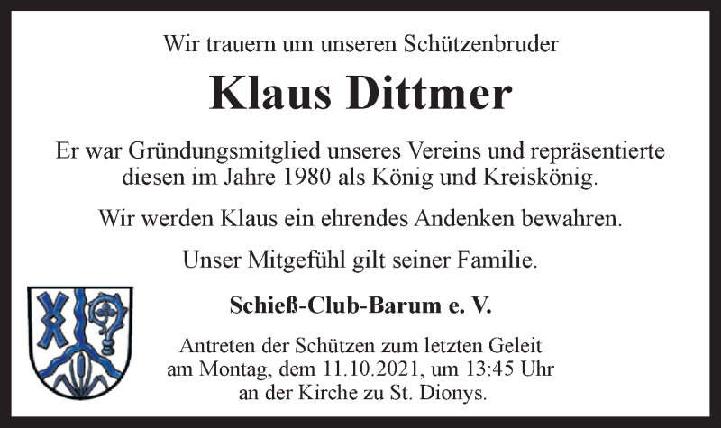 Traueranzeige für Klaus Dittmer vom 06.10.2021 aus LZ