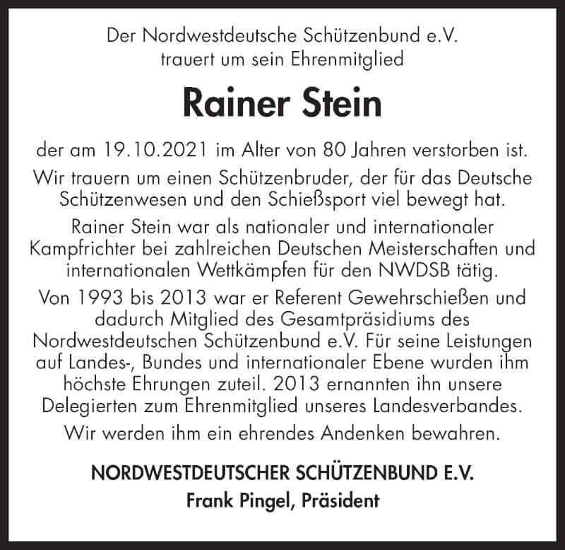  Traueranzeige für Rainer Stein vom 23.10.2021 aus LZ