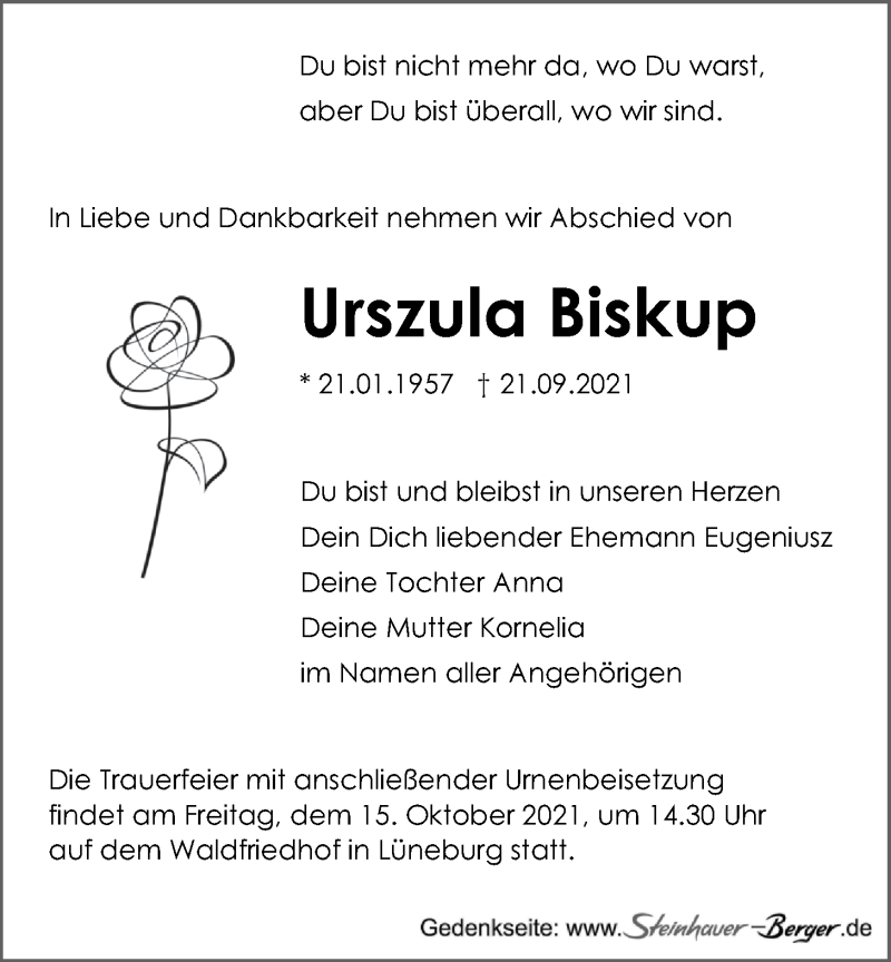  Traueranzeige für Urszula Biskup vom 09.10.2021 aus LZ