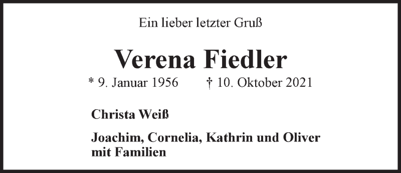  Traueranzeige für Verena Fiedler vom 14.10.2021 aus LZ