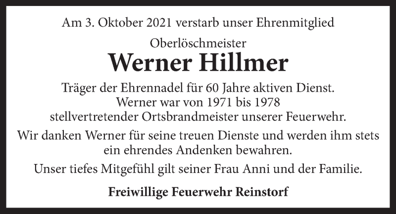  Traueranzeige für Werner Hillmer vom 09.10.2021 aus LZ