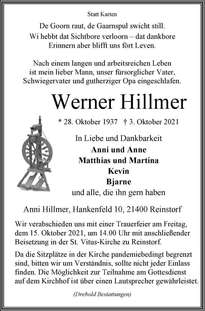  Traueranzeige für Werner Hillmer vom 09.10.2021 aus LZ
