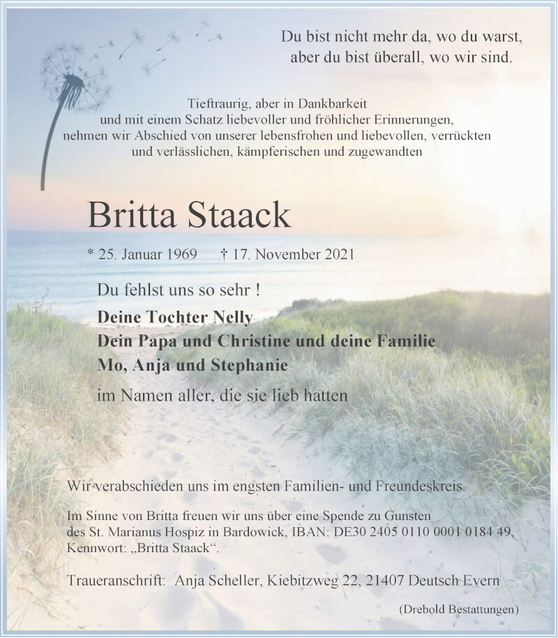  Traueranzeige für Britta Staack vom 27.11.2021 aus LZ