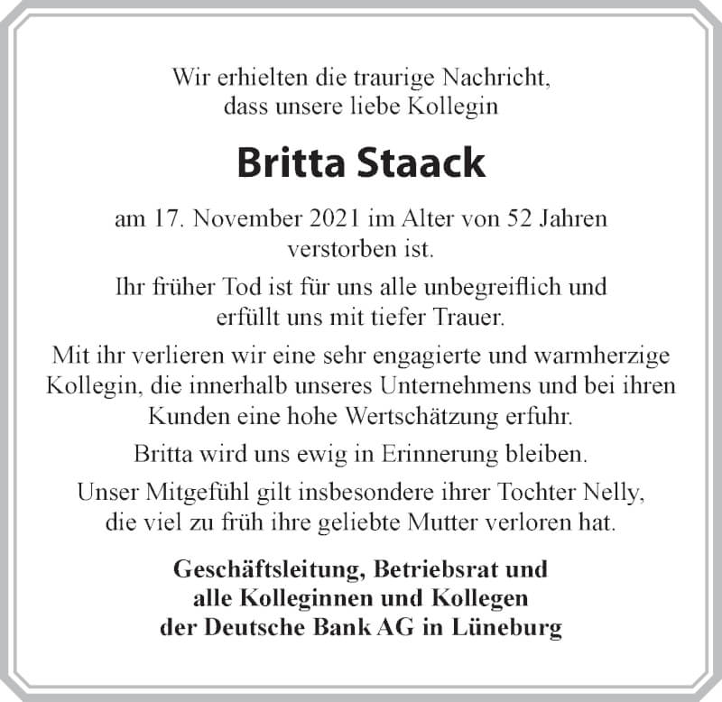  Traueranzeige für Britta Staack vom 27.11.2021 aus LZ