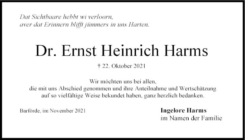  Traueranzeige für Ernst Heinrich Harms vom 27.11.2021 aus LZ