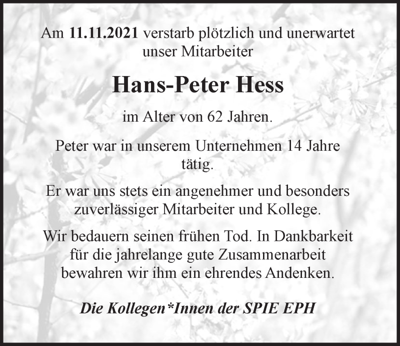  Traueranzeige für Hans-Peter Hess vom 20.11.2021 aus LZ