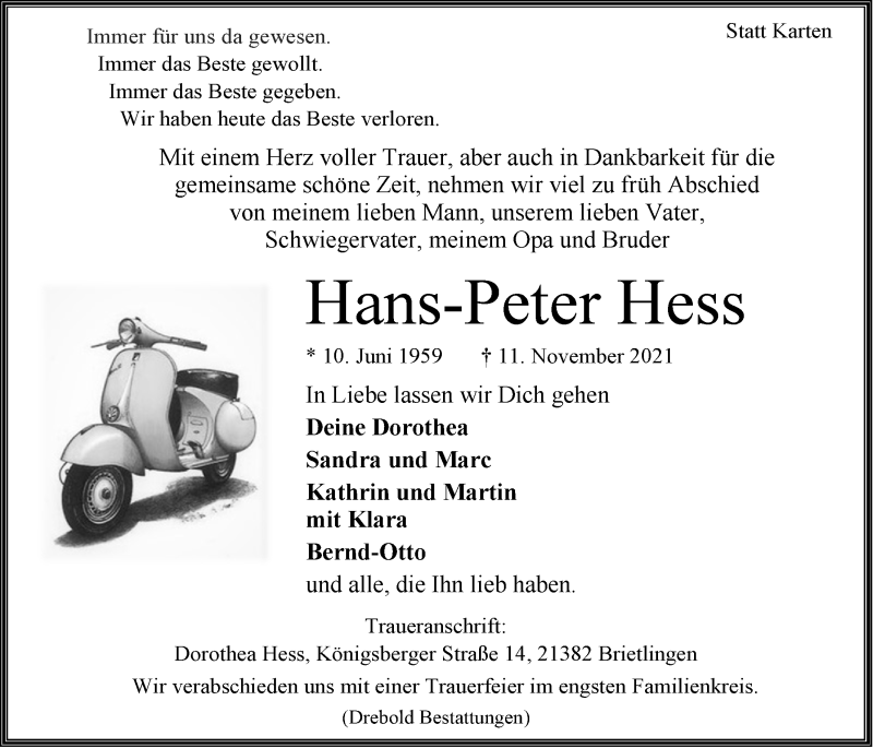  Traueranzeige für Hans-Peter Hess vom 20.11.2021 aus LZ