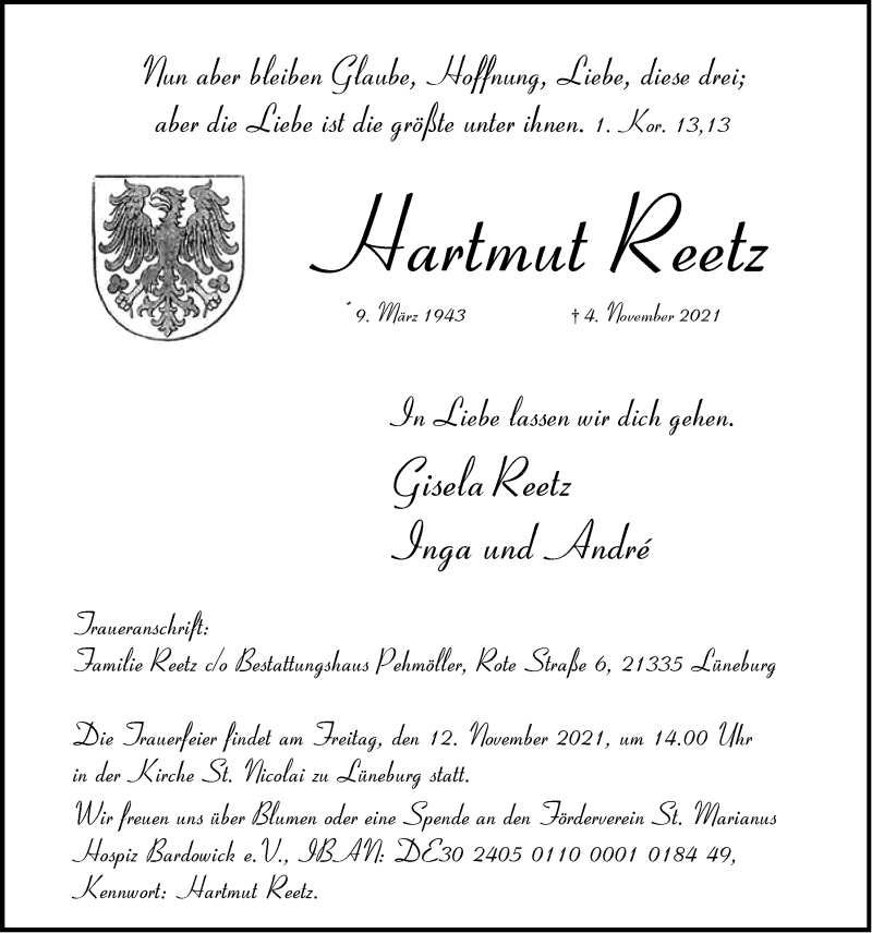  Traueranzeige für Hartmut Reetz vom 09.11.2021 aus LZ