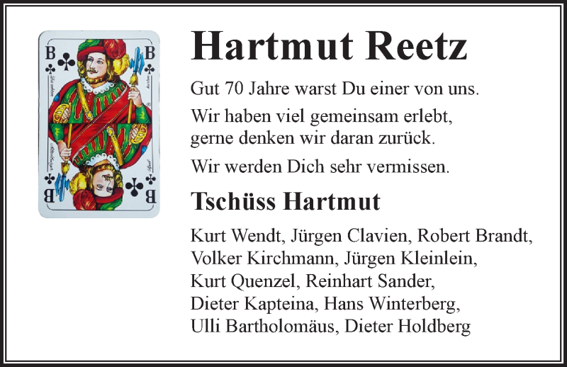  Traueranzeige für Hartmut Reetz vom 09.11.2021 aus LZ
