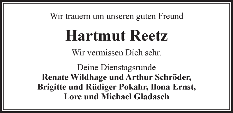  Traueranzeige für Hartmut Reetz vom 10.11.2021 aus LZ