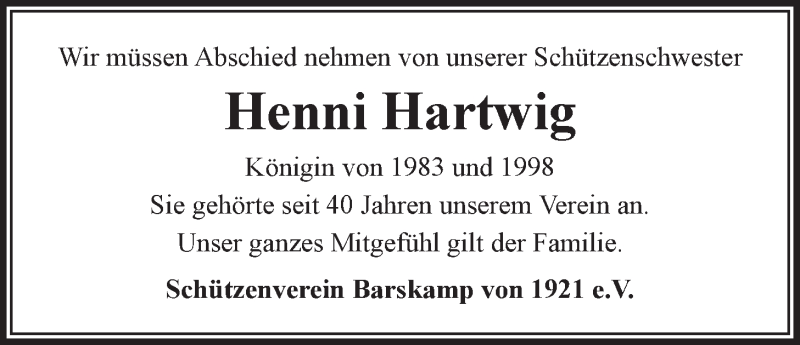 Traueranzeige für Henni Hartwig vom 02.11.2021 aus LZ