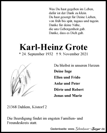 Anzeige von Karl-Heinz Grote von LZ