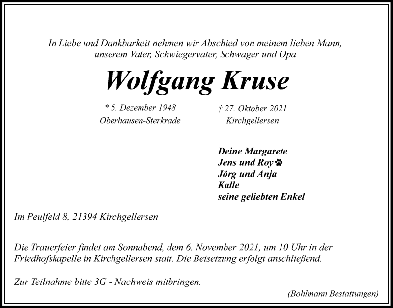 Traueranzeige für Wolfgang Kruse vom 03.11.2021 aus LZ