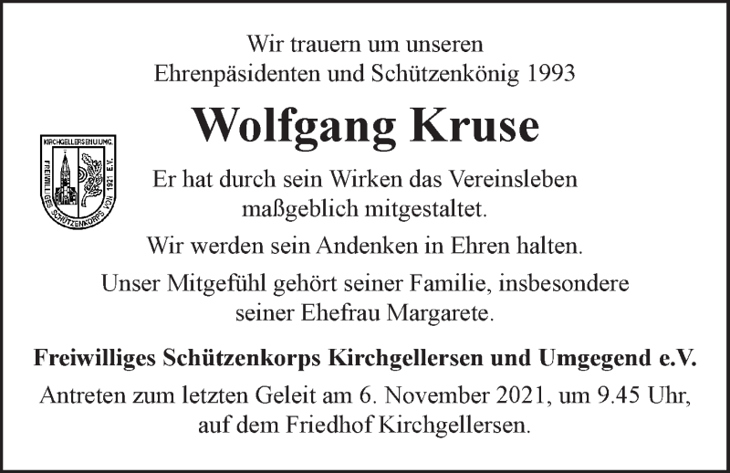  Traueranzeige für Wolfgang Kruse vom 03.11.2021 aus LZ