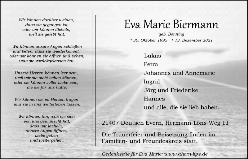  Traueranzeige für Eva Marie Biermann vom 18.12.2021 aus LZ