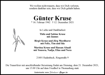 Anzeige von Günter Kruse von LZ