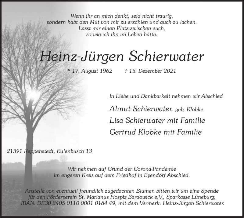  Traueranzeige für Heinz-Jürgen Schierwater vom 18.12.2021 aus LZ