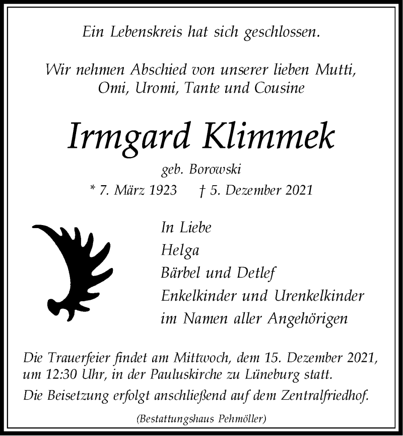  Traueranzeige für Irmgard Klimmek vom 11.12.2021 aus LZ