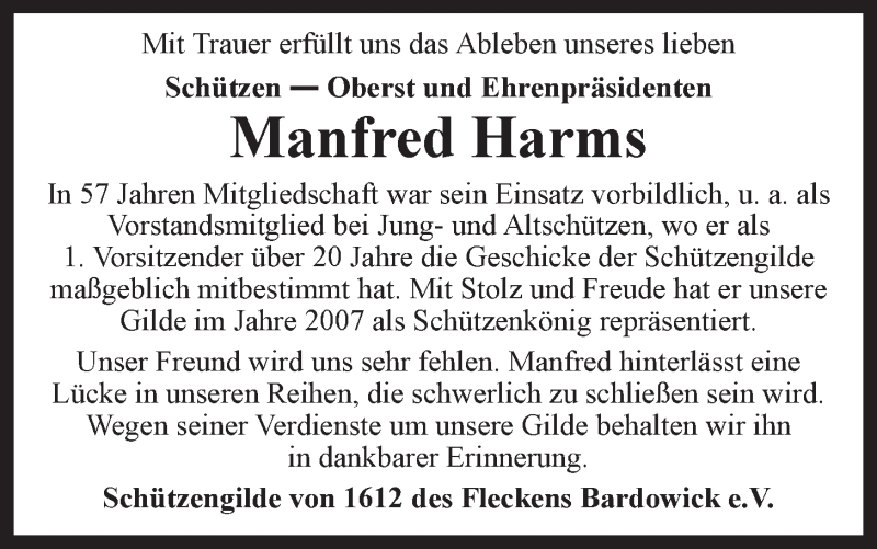  Traueranzeige für Manfred Harms vom 04.12.2021 aus LZ