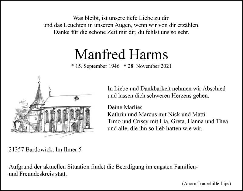  Traueranzeige für Manfred Harms vom 04.12.2021 aus LZ