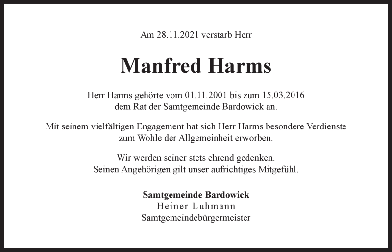  Traueranzeige für Manfred Harms vom 04.12.2021 aus LZ