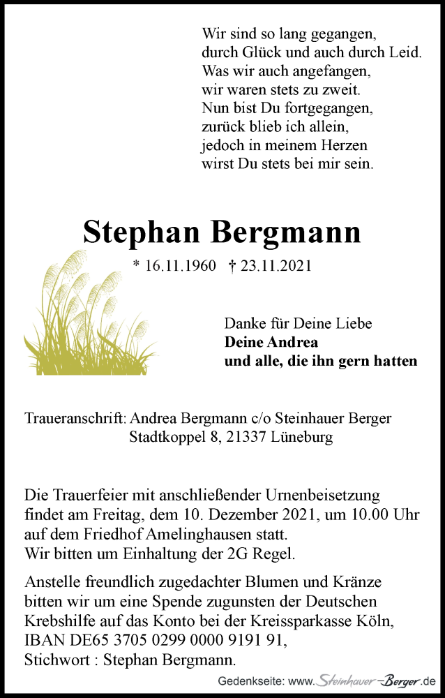  Traueranzeige für Stephan Bergmann vom 04.12.2021 aus LZ