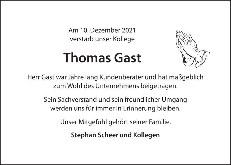  Traueranzeige für Thomas Gast vom 18.12.2021 aus LZ
