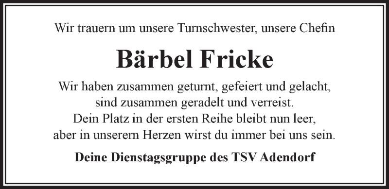  Traueranzeige für Bärbel Fricke vom 15.02.2021 aus LZ