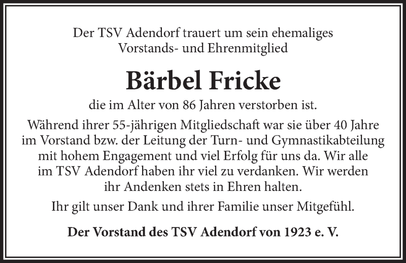  Traueranzeige für Bärbel Fricke vom 13.02.2021 aus LZ