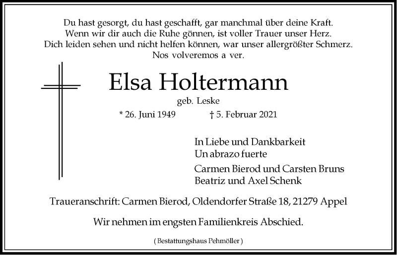  Traueranzeige für Elsa Holtermann vom 13.02.2021 aus LZ