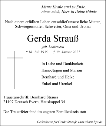 Anzeige von Gerda Strauß von LZ