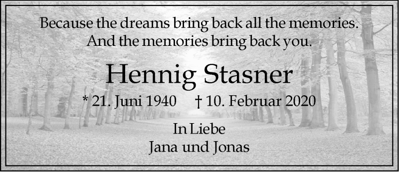  Traueranzeige für Hennig Stasner vom 10.02.2021 aus LZ