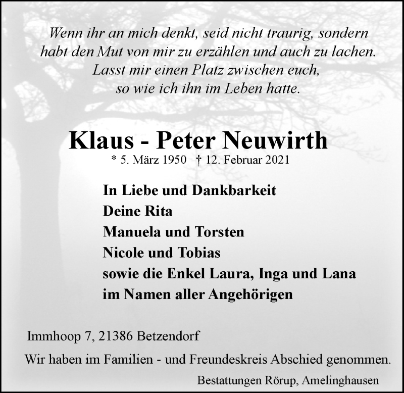  Traueranzeige für Klaus-Peter  Neuwirth vom 20.02.2021 aus LZ