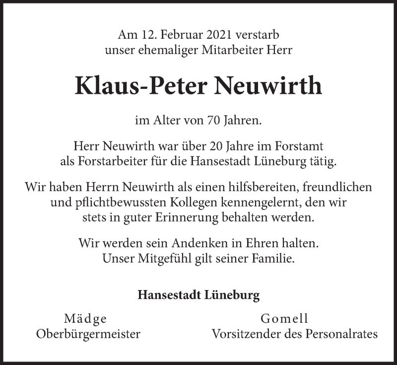  Traueranzeige für Klaus-Peter  Neuwirth vom 20.02.2021 aus LZ