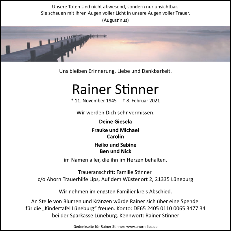  Traueranzeige für Rainer Stinner vom 13.02.2021 aus LZ