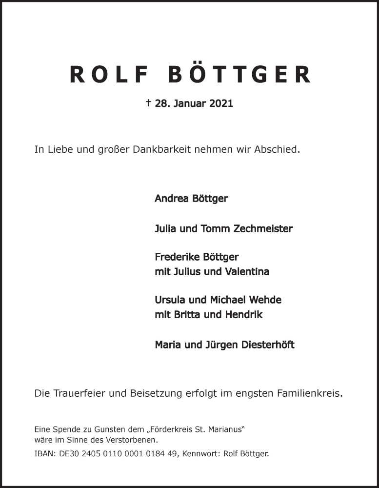  Traueranzeige für Rolf Böttger vom 06.02.2021 aus LZ