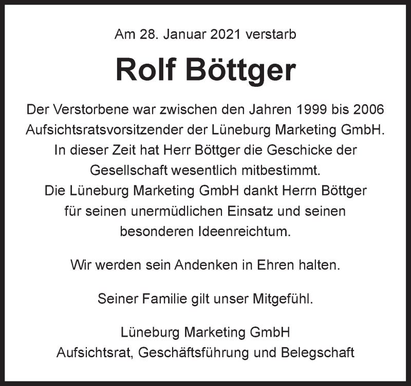  Traueranzeige für Rolf Böttger vom 10.02.2021 aus LZ