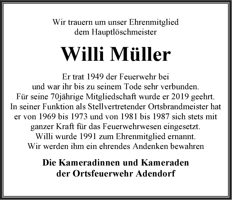  Traueranzeige für Willi Müller vom 06.02.2021 aus LZ