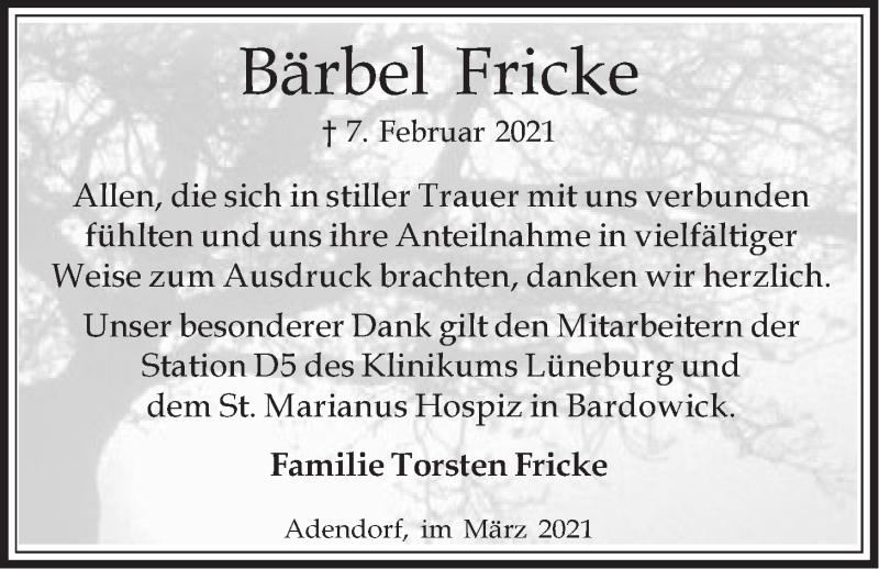  Traueranzeige für Bärbel Fricke vom 05.03.2021 aus LZ