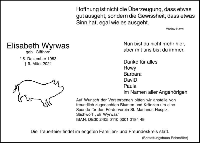  Traueranzeige für Elisabeth Wyrwas vom 13.03.2021 aus LZ