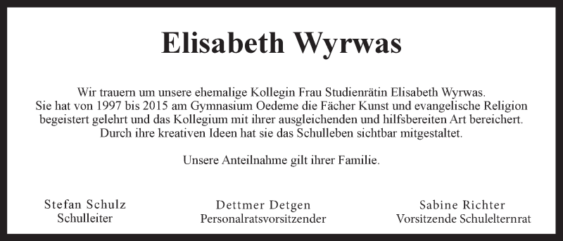  Traueranzeige für Elisabeth Wyrwas vom 18.03.2021 aus LZ