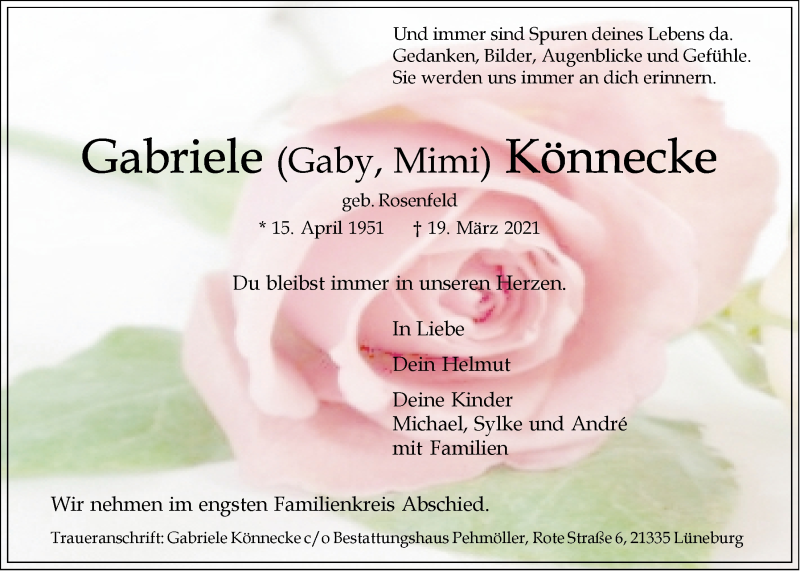  Traueranzeige für Gabriele Könnecke vom 27.03.2021 aus LZ