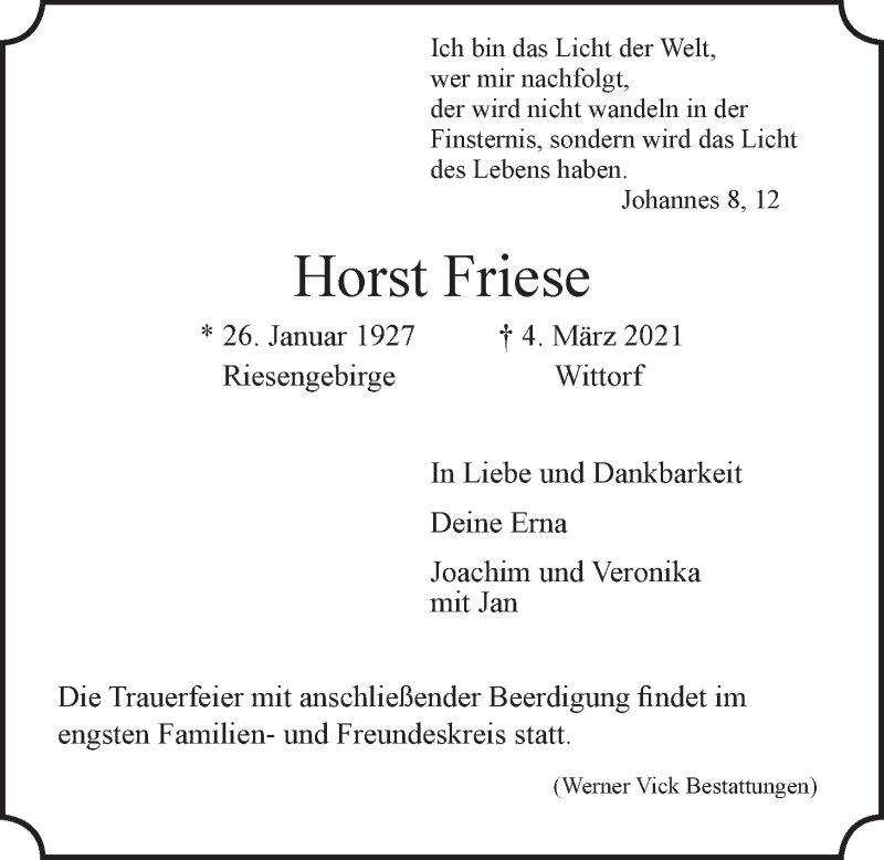  Traueranzeige für Horst Friese vom 10.03.2021 aus LZ