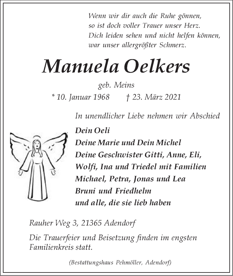  Traueranzeige für Manuela Oelkers vom 27.03.2021 aus LZ
