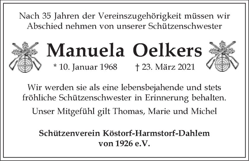  Traueranzeige für Manuela Oelkers vom 27.03.2021 aus LZ