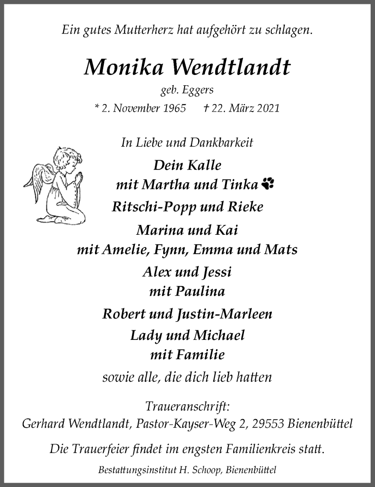  Traueranzeige für Monika Wendtlandt vom 27.03.2021 aus LZ