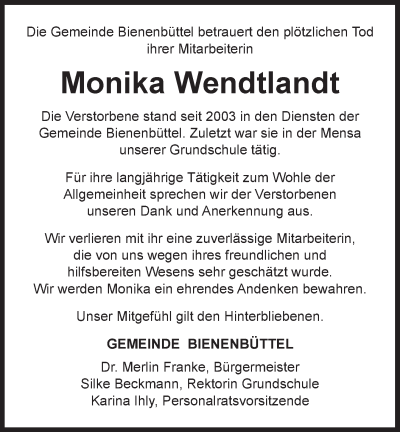  Traueranzeige für Monika Wendtlandt vom 27.03.2021 aus LZ