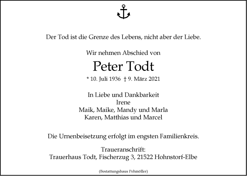  Traueranzeige für Peter Todt vom 20.03.2021 aus LZ
