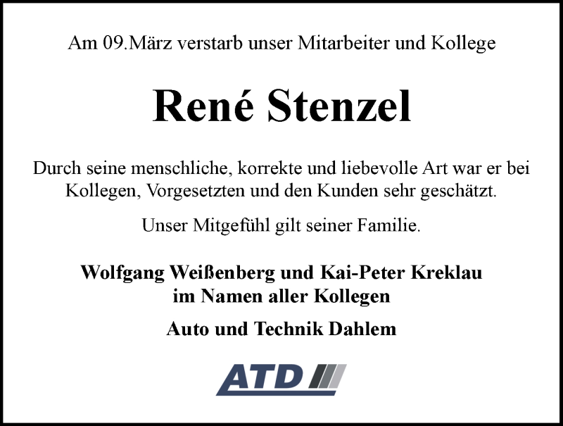  Traueranzeige für René Stenzel vom 13.03.2021 aus LZ