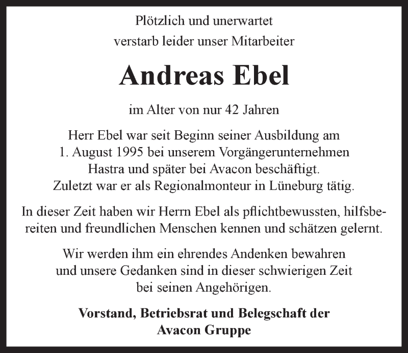  Traueranzeige für Andreas Ebel vom 28.04.2021 aus LZ